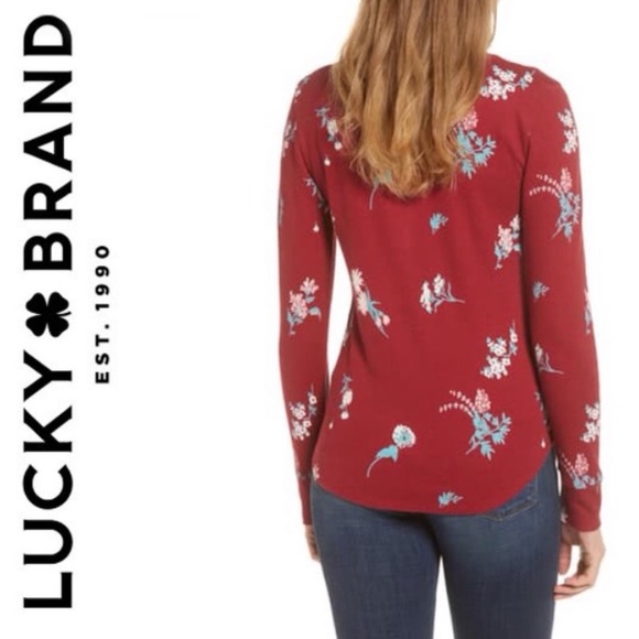 Lucky Brand Burgundy Red Floral V-Neck Waffle Knit Top NWT - Picture 3 of 13